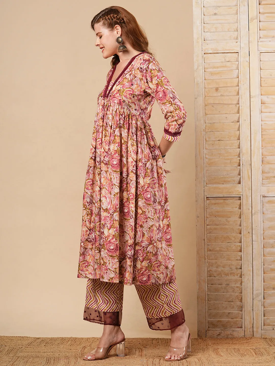 Abstract Floral Printed & Embroidered A-Line Pleated Kurta with Palazzo - Maroon