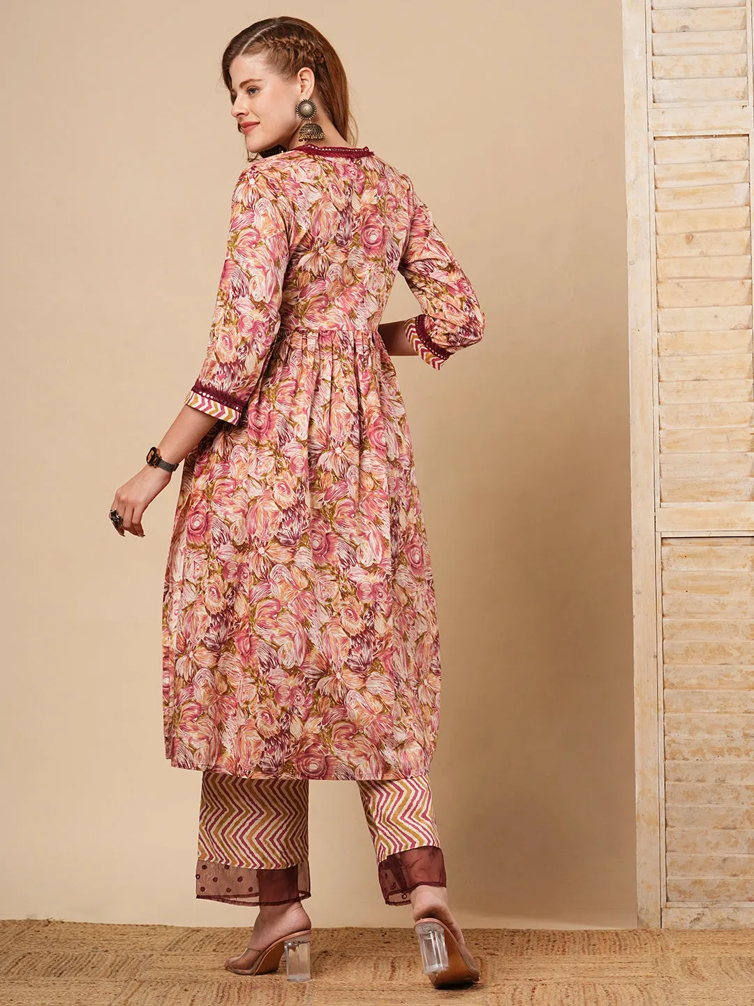 Abstract Floral Printed & Embroidered A-Line Pleated Kurta with Palazzo - Maroon