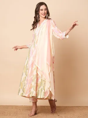 Abstract Floral Printed & Embroidered Anarkali Kurta with Pant & Dupatta - Off White