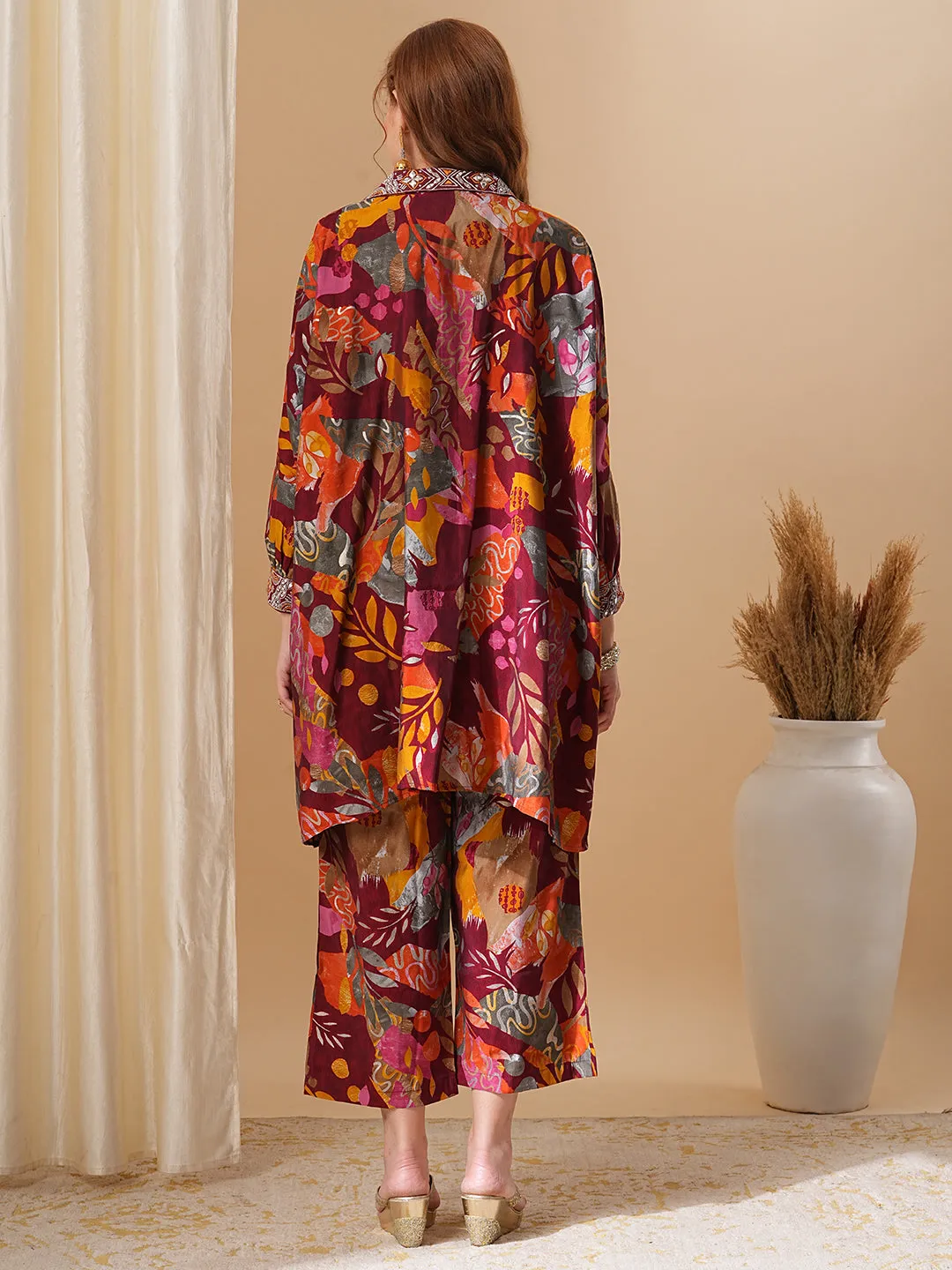 Abstract Floral Printed & Embroidered Kaftan Co-ord Set - Maroon