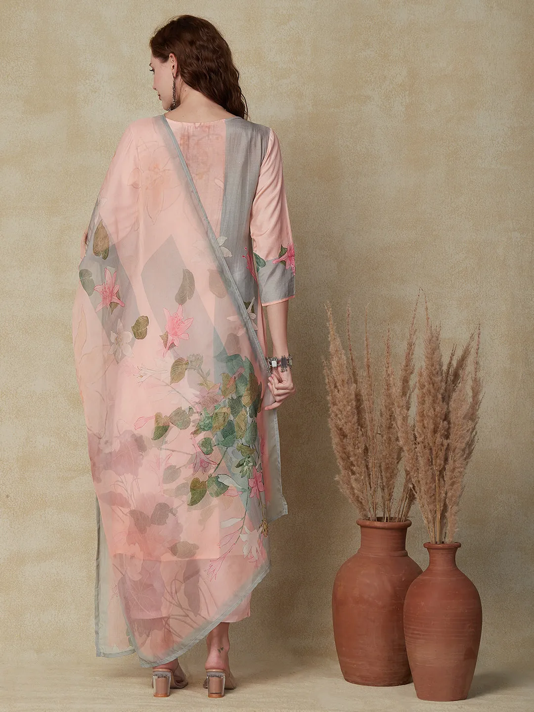 Abstract Floral Printed & Embroidered Kurta with Pant & Dupatta - Peach