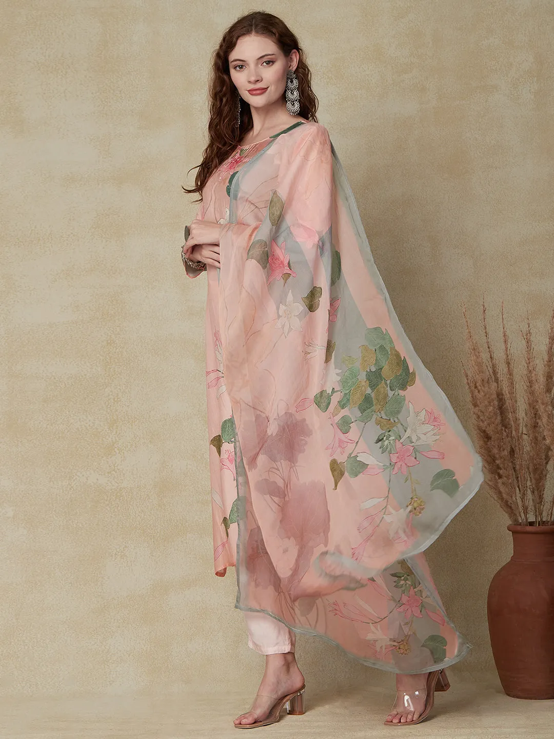 Abstract Floral Printed & Embroidered Kurta with Pant & Dupatta - Peach