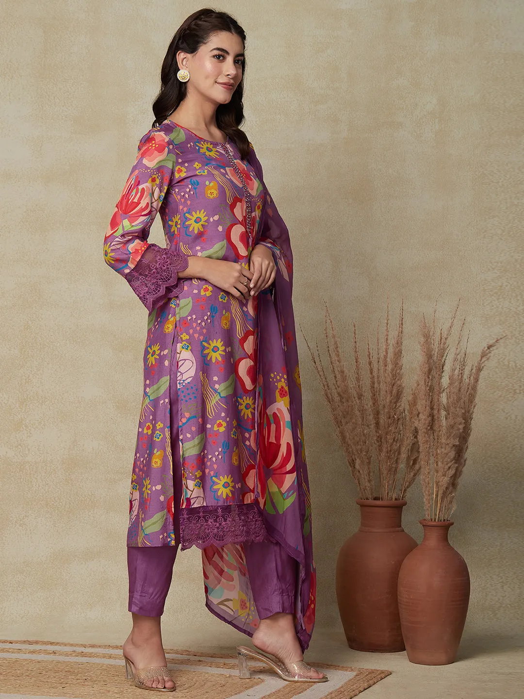 Abstract Floral Printed & Embroidered Kurta with Pant & Dupatta - Purple