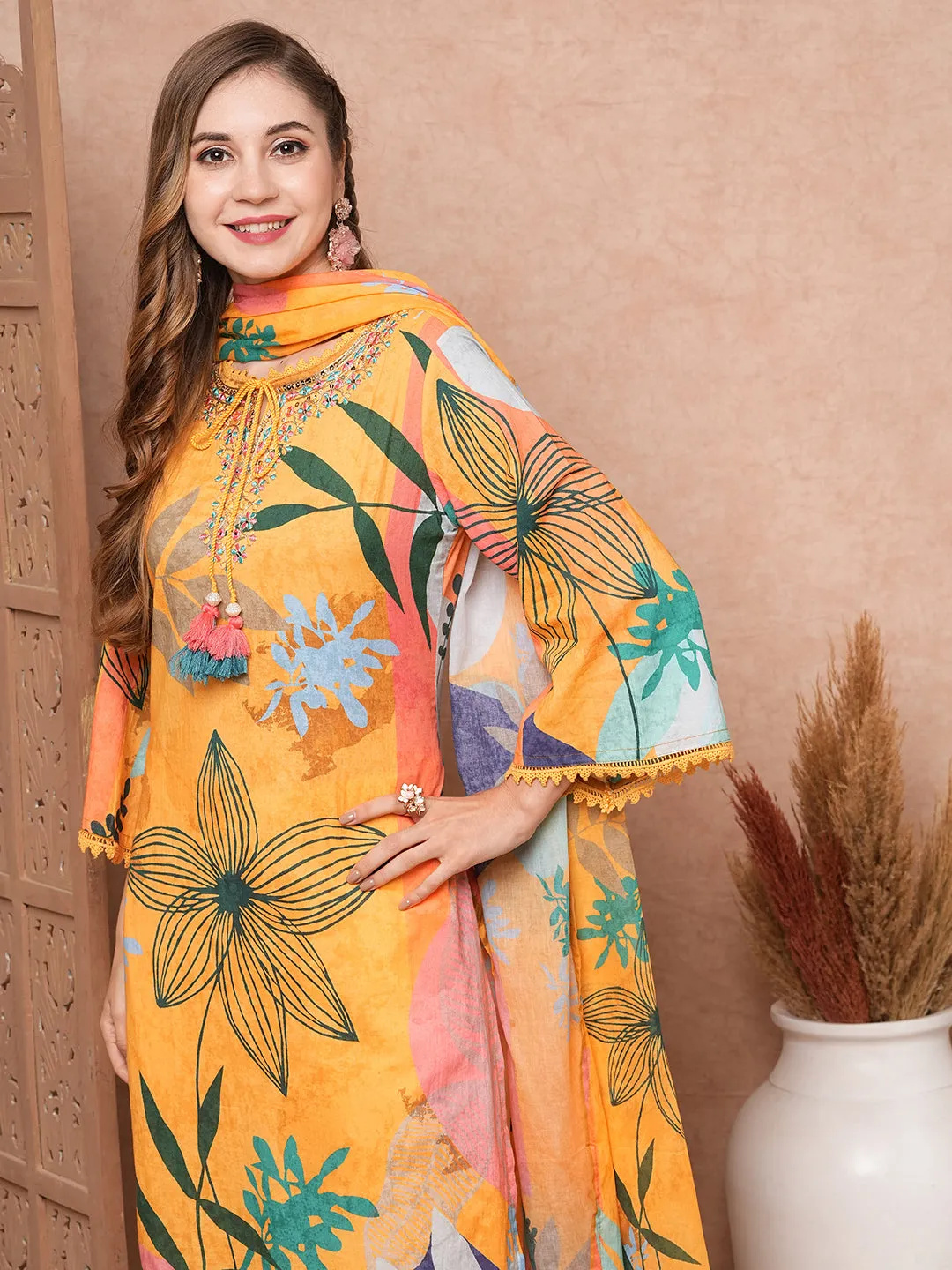 Abstract Floral Printed & Embroidered Kurta with Pant & Dupatta - Yellow