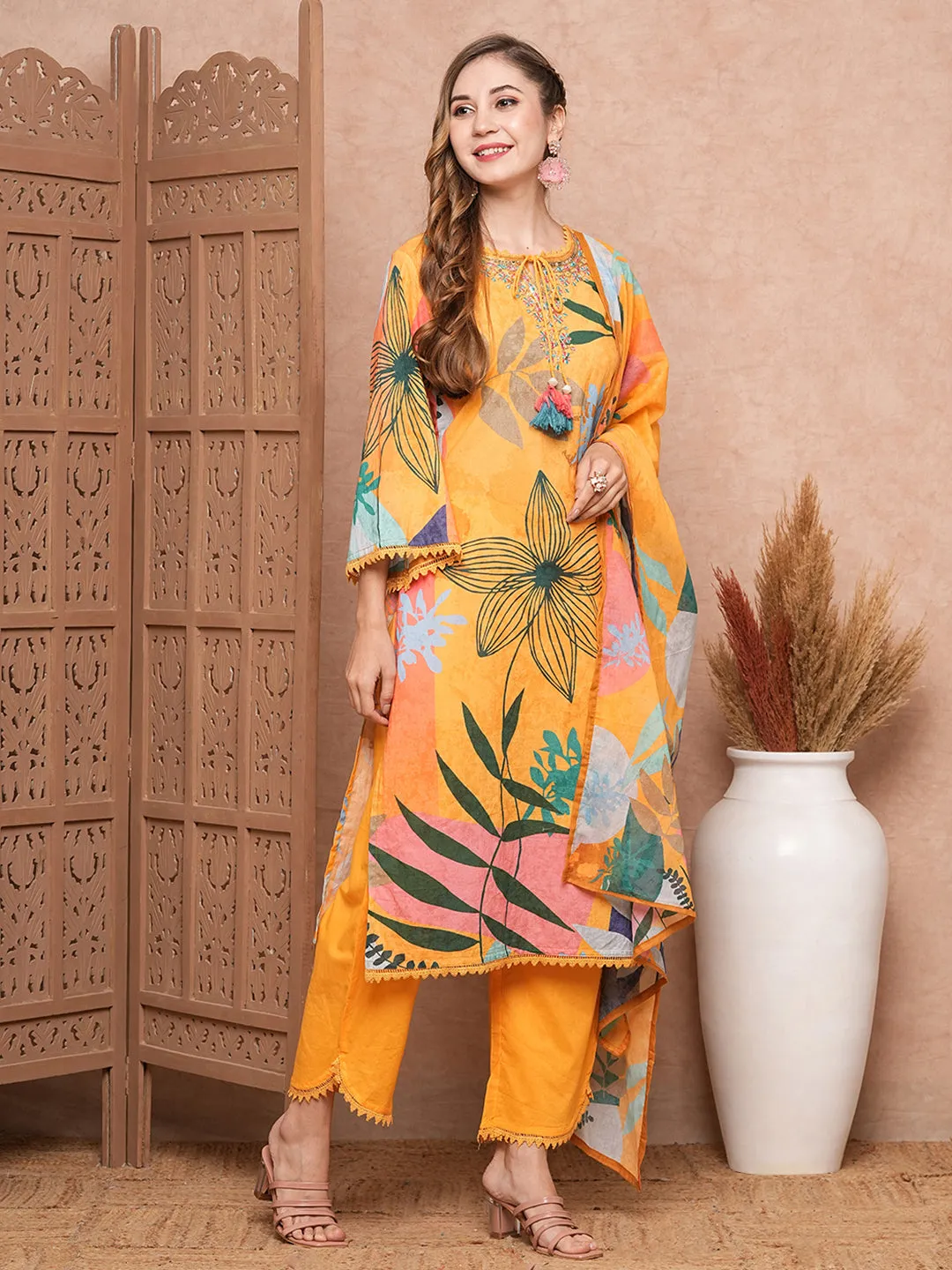 Abstract Floral Printed & Embroidered Kurta with Pant & Dupatta - Yellow