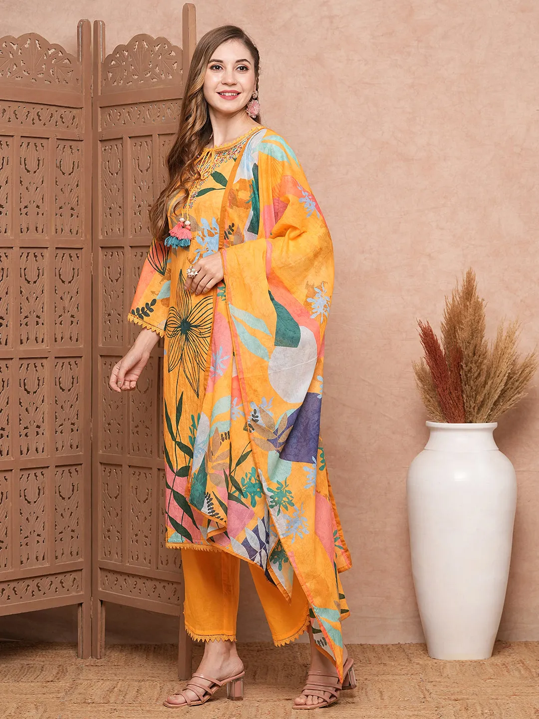 Abstract Floral Printed & Embroidered Kurta with Pant & Dupatta - Yellow