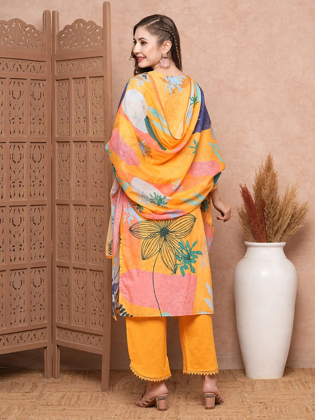 Abstract Floral Printed & Embroidered Kurta with Pant & Dupatta - Yellow