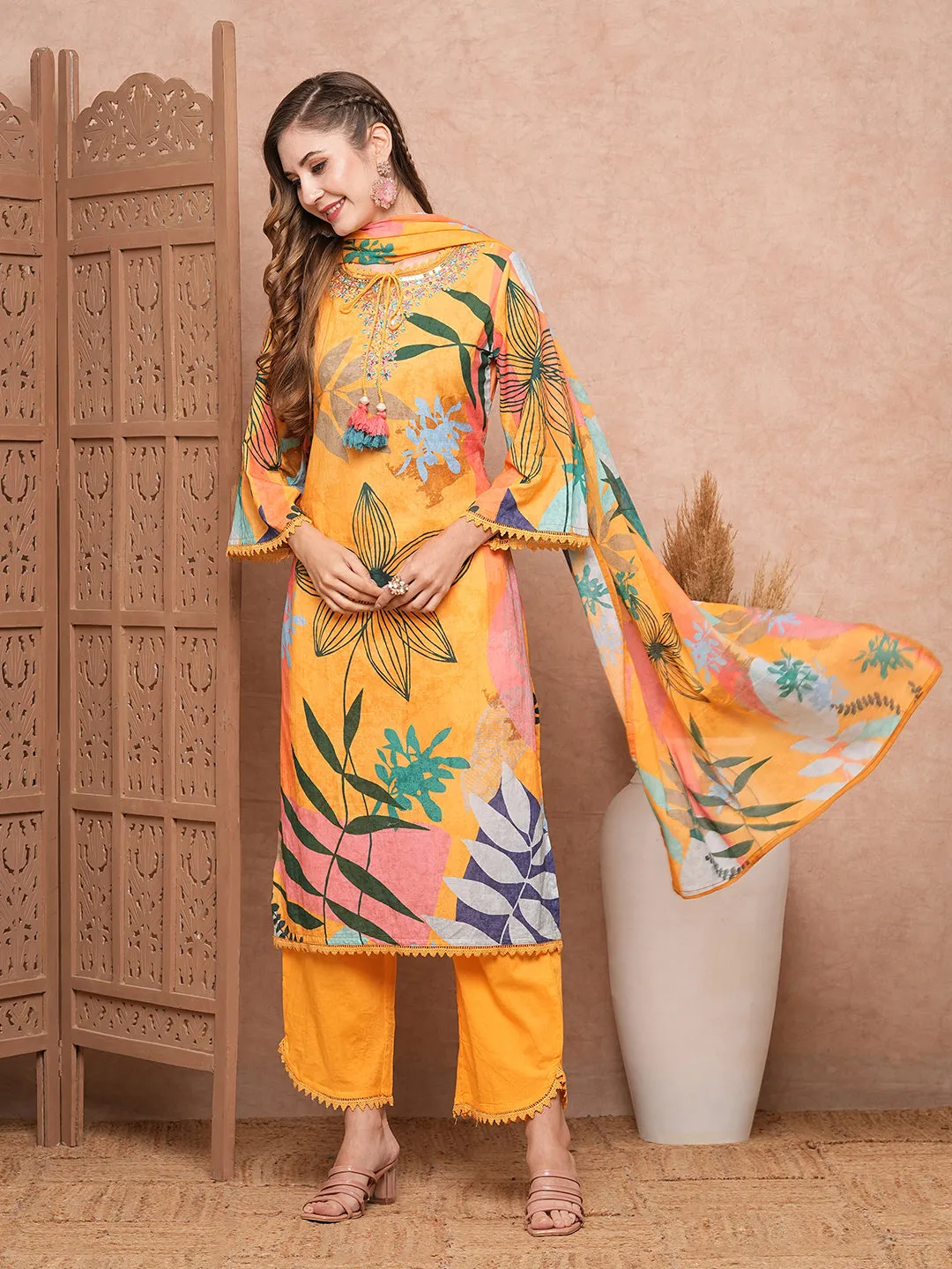 Abstract Floral Printed & Embroidered Kurta with Pant & Dupatta - Yellow