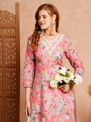 Abstract Floral Printed & Embroidered Straight Fit Kurta - Pink