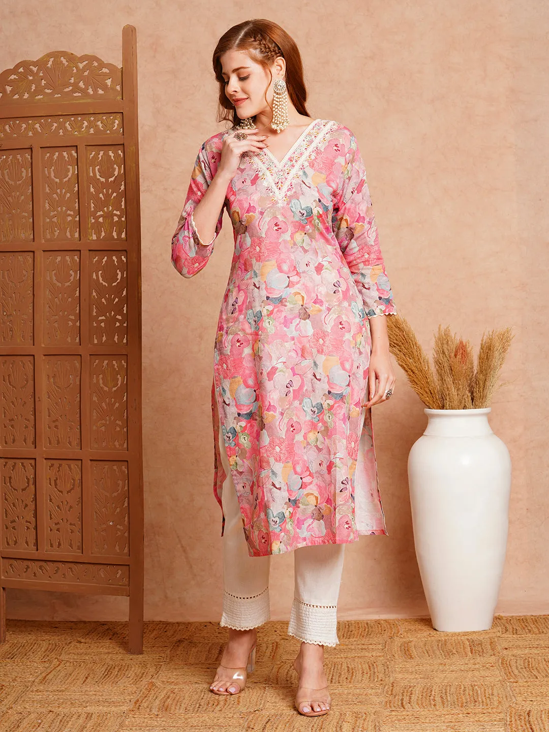 Abstract Floral Printed & Embroidered Straight Fit Kurta - Pink