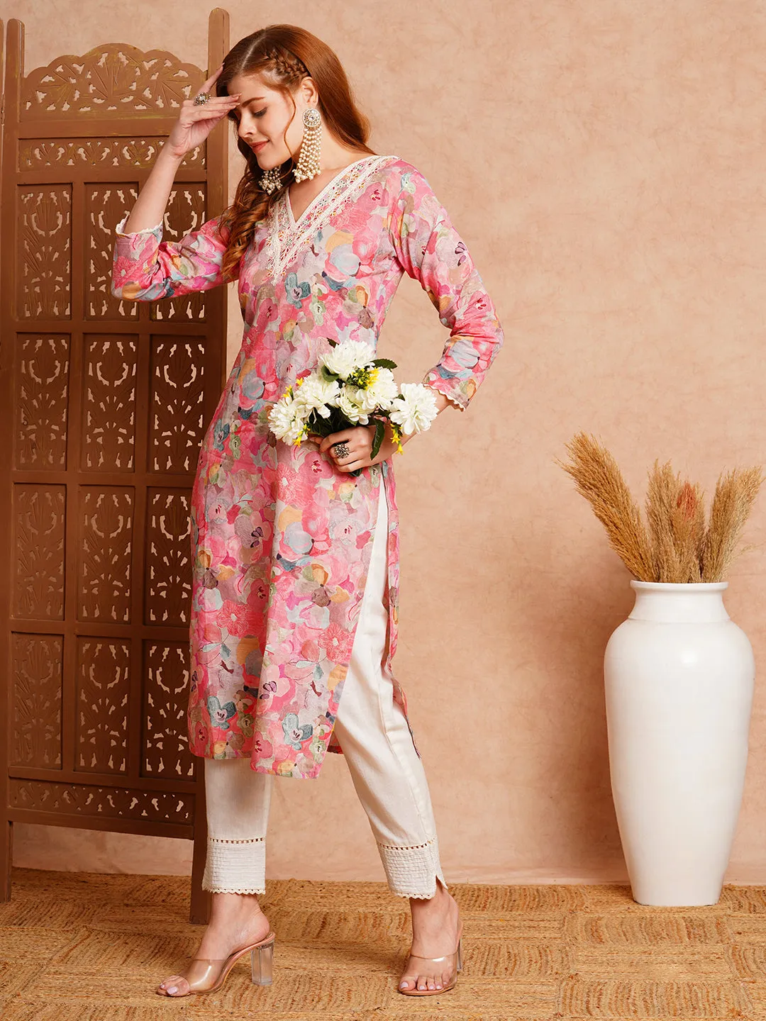 Abstract Floral Printed & Embroidered Straight Fit Kurta - Pink