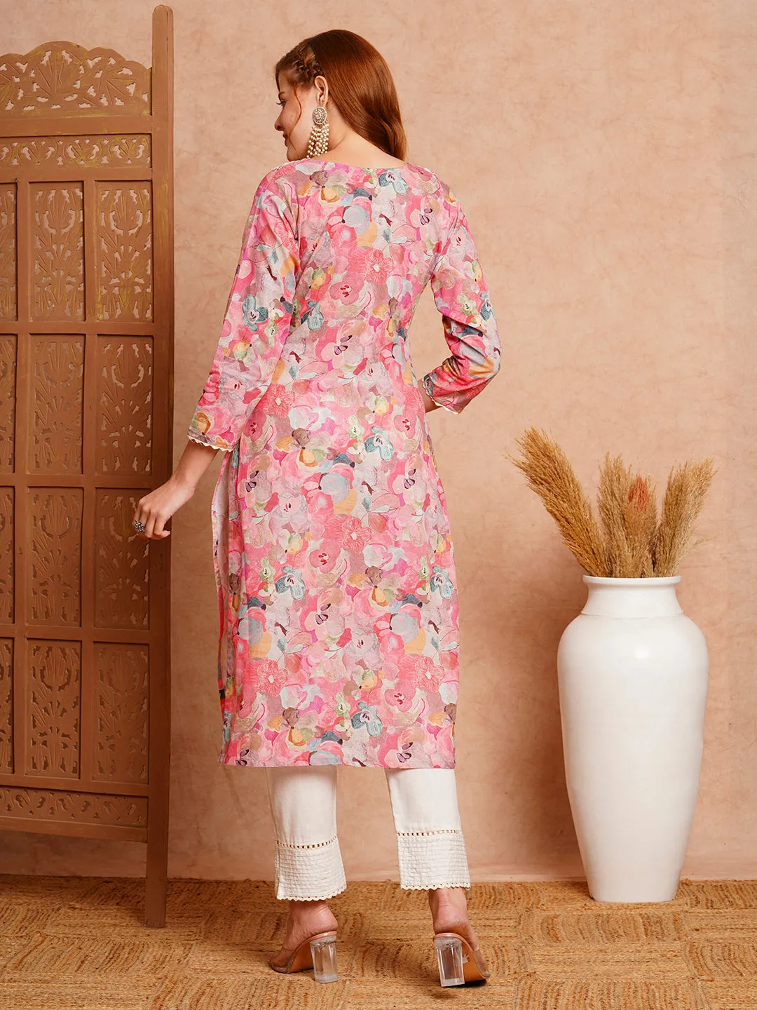 Abstract Floral Printed & Embroidered Straight Fit Kurta - Pink