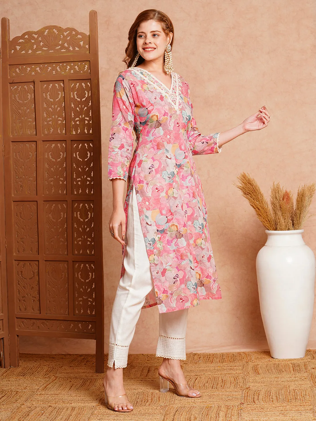 Abstract Floral Printed & Embroidered Straight Fit Kurta - Pink