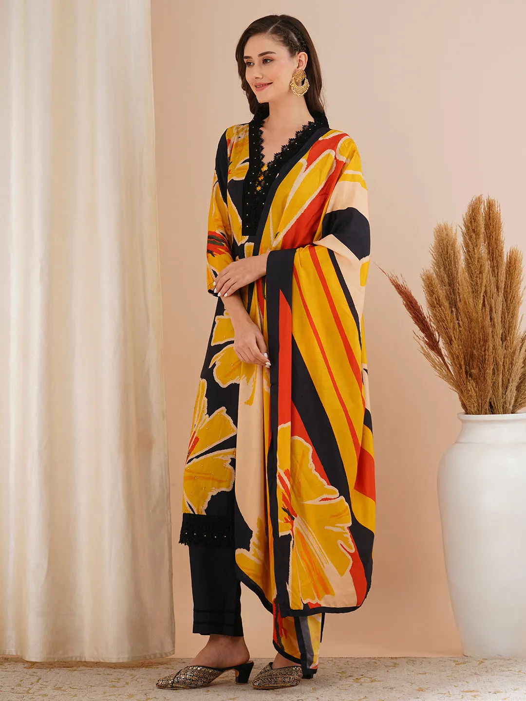 Abstract Floral Printed & Embroidered Straight Kurta with Pant & Dupatta - Black