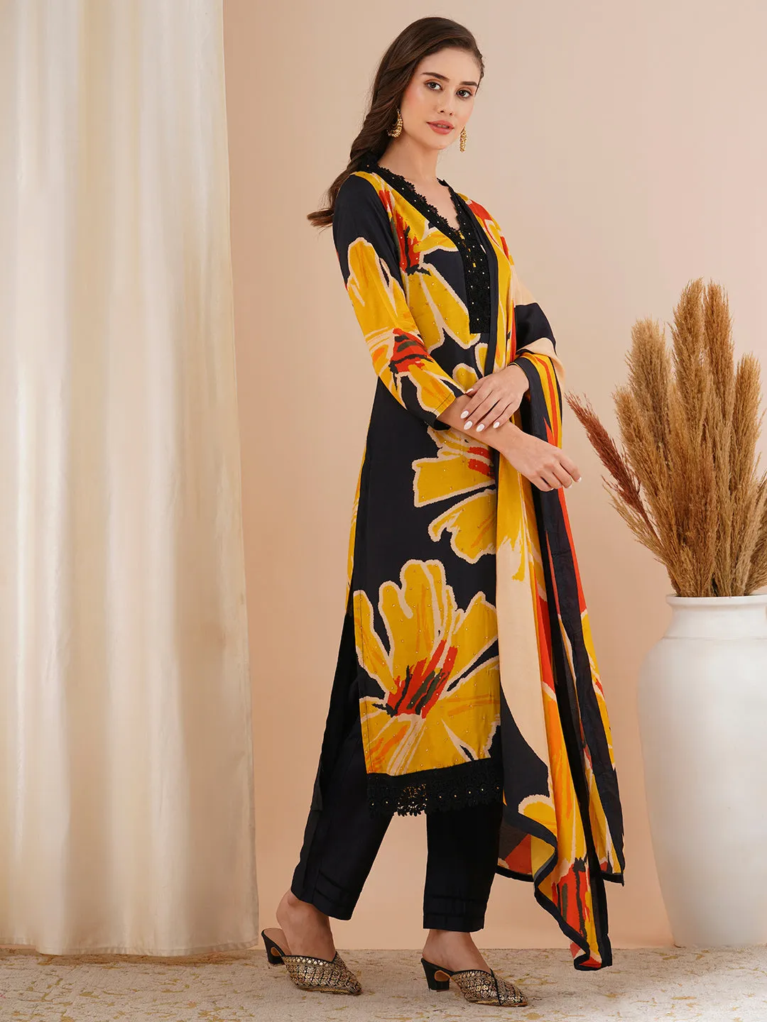 Abstract Floral Printed & Embroidered Straight Kurta with Pant & Dupatta - Black