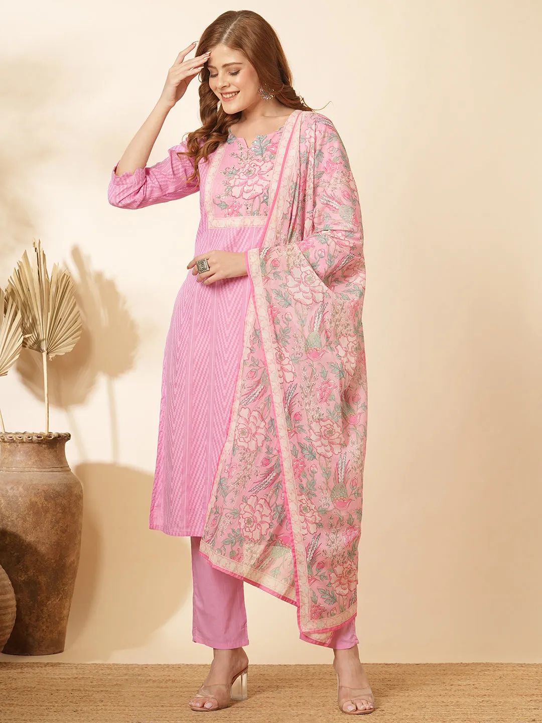 Abstract Floral Printed & Embroidered Straight Kurta with Pant & Dupatta - Pink