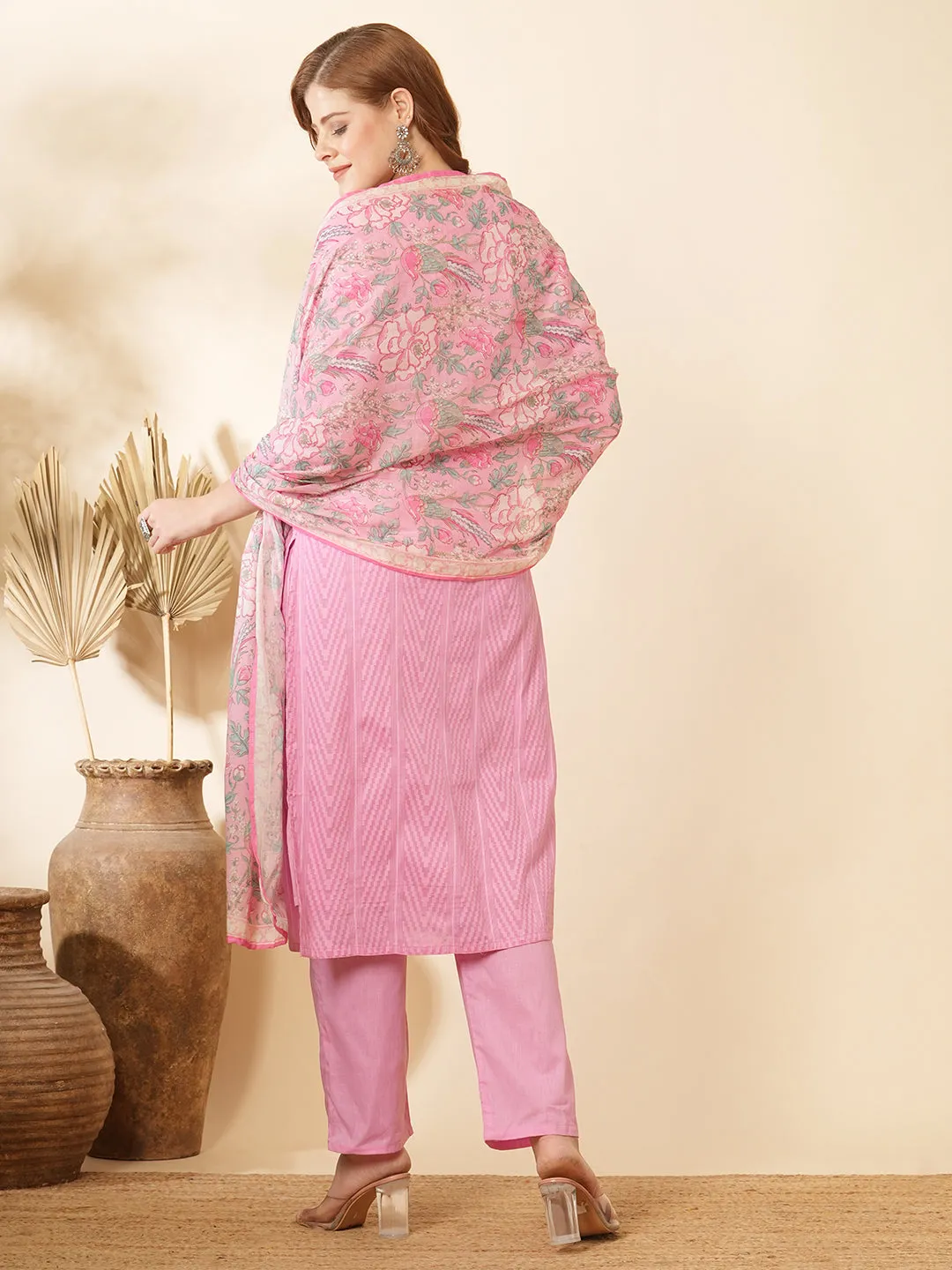 Abstract Floral Printed & Embroidered Straight Kurta with Pant & Dupatta - Pink