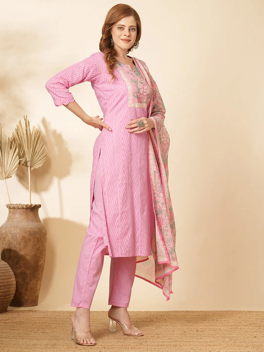 Abstract Floral Printed & Embroidered Straight Kurta with Pant & Dupatta - Pink