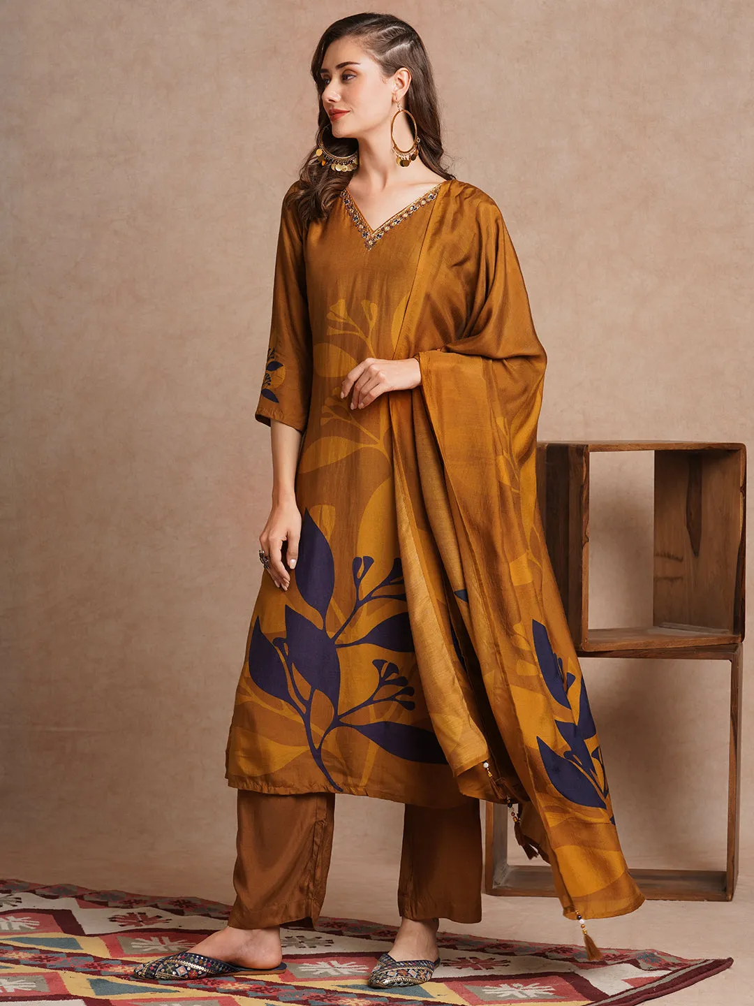 Abstract Floral Printed & Hand Embroidered Straight Fit Kurta with Pant and Dupatta - Brown