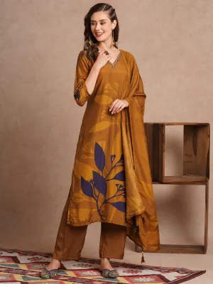 Abstract Floral Printed & Hand Embroidered Straight Fit Kurta with Pant and Dupatta - Brown