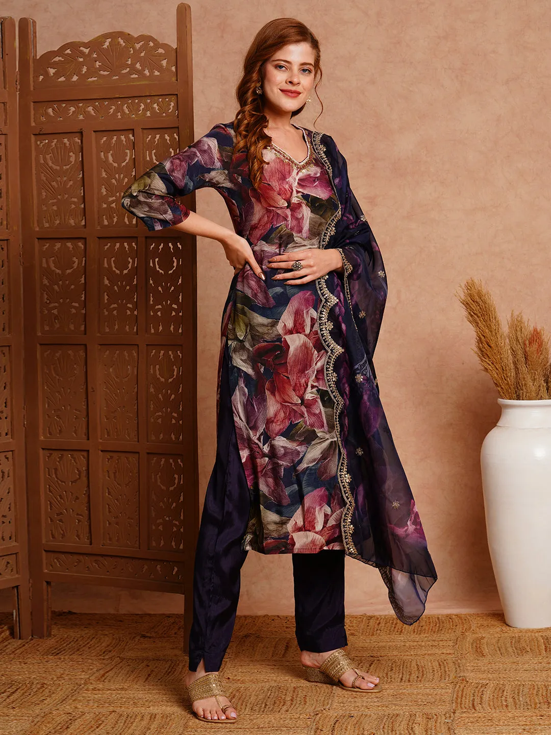 Abstract Floral Printed & Hand Embroidered Straight Fit Kurta with Pant and Dupatta - Navy Blue