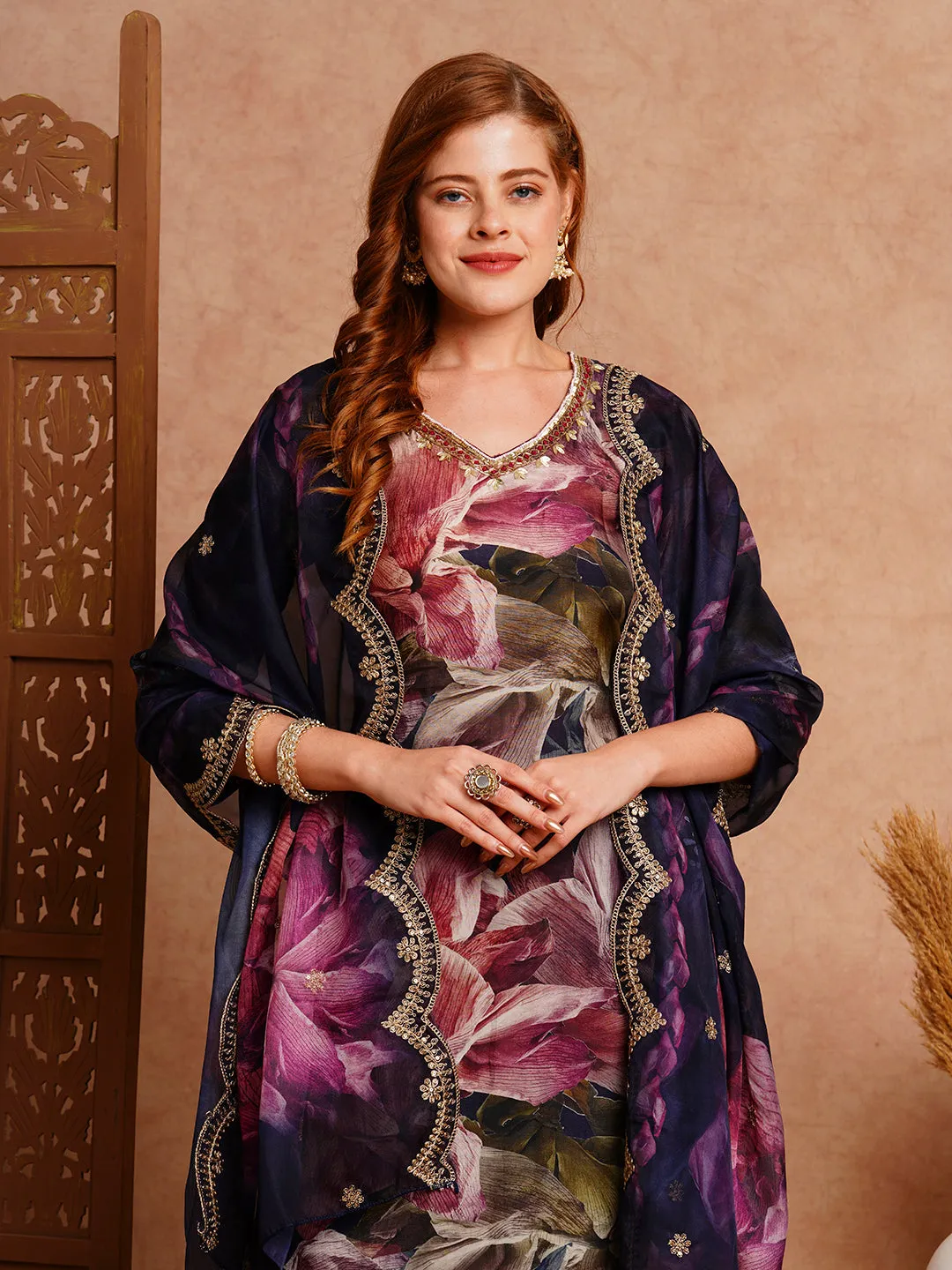 Abstract Floral Printed & Hand Embroidered Straight Fit Kurta with Pant and Dupatta - Navy Blue