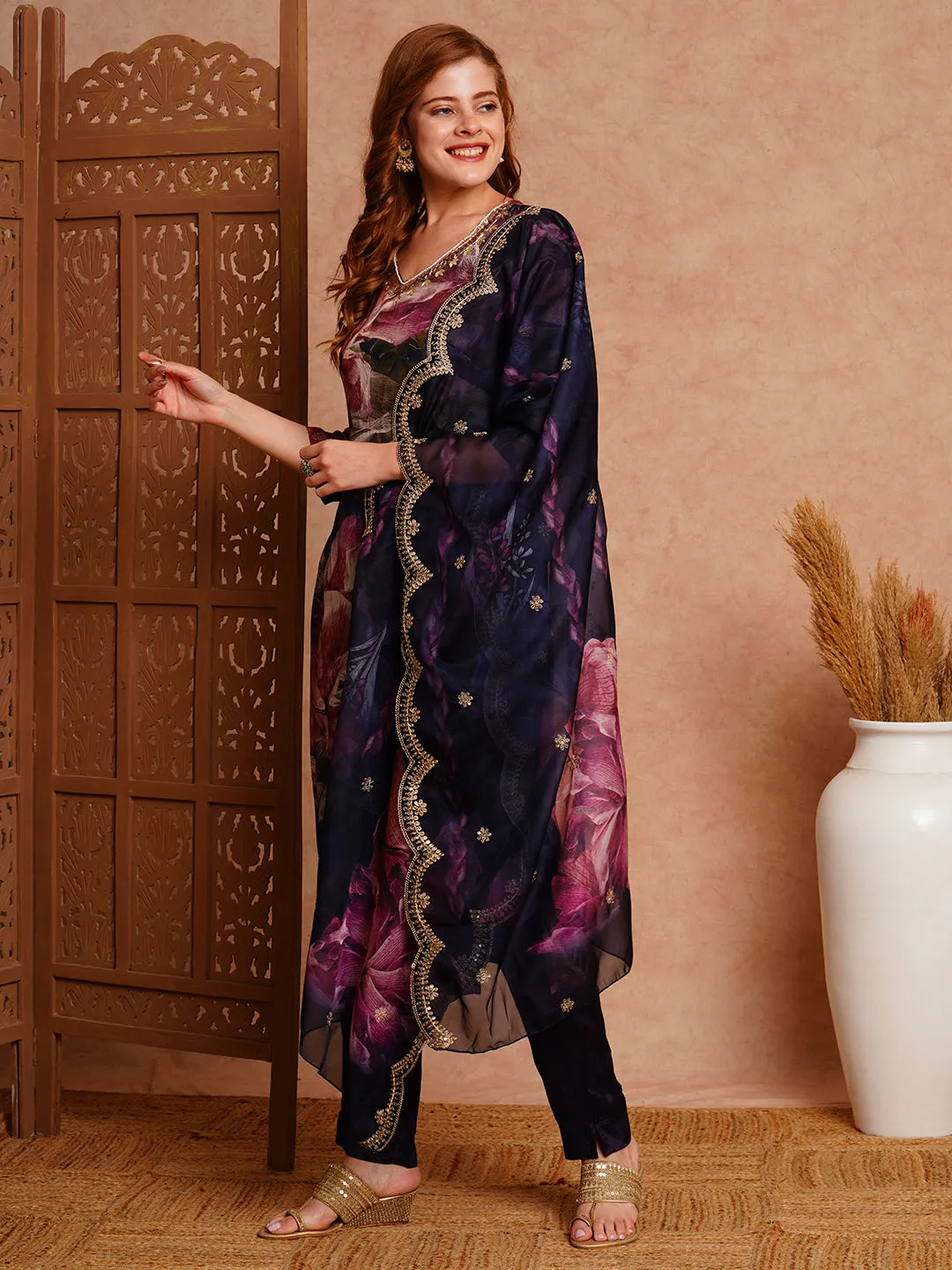 Abstract Floral Printed & Hand Embroidered Straight Fit Kurta with Pant and Dupatta - Navy Blue