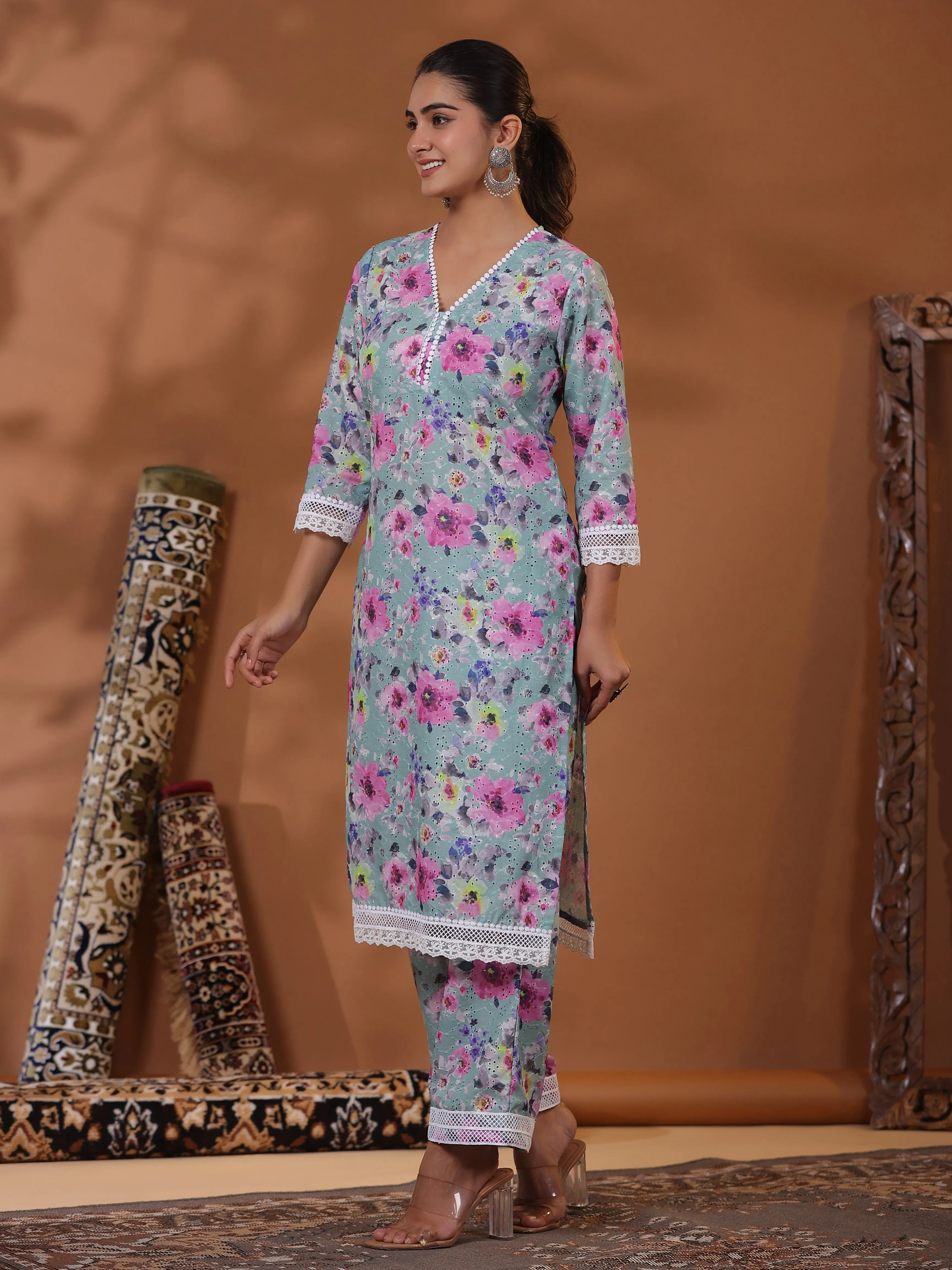 Abstract Floral Printed & Schiffli Embroidered Straight Kurta with Palazzo - Green