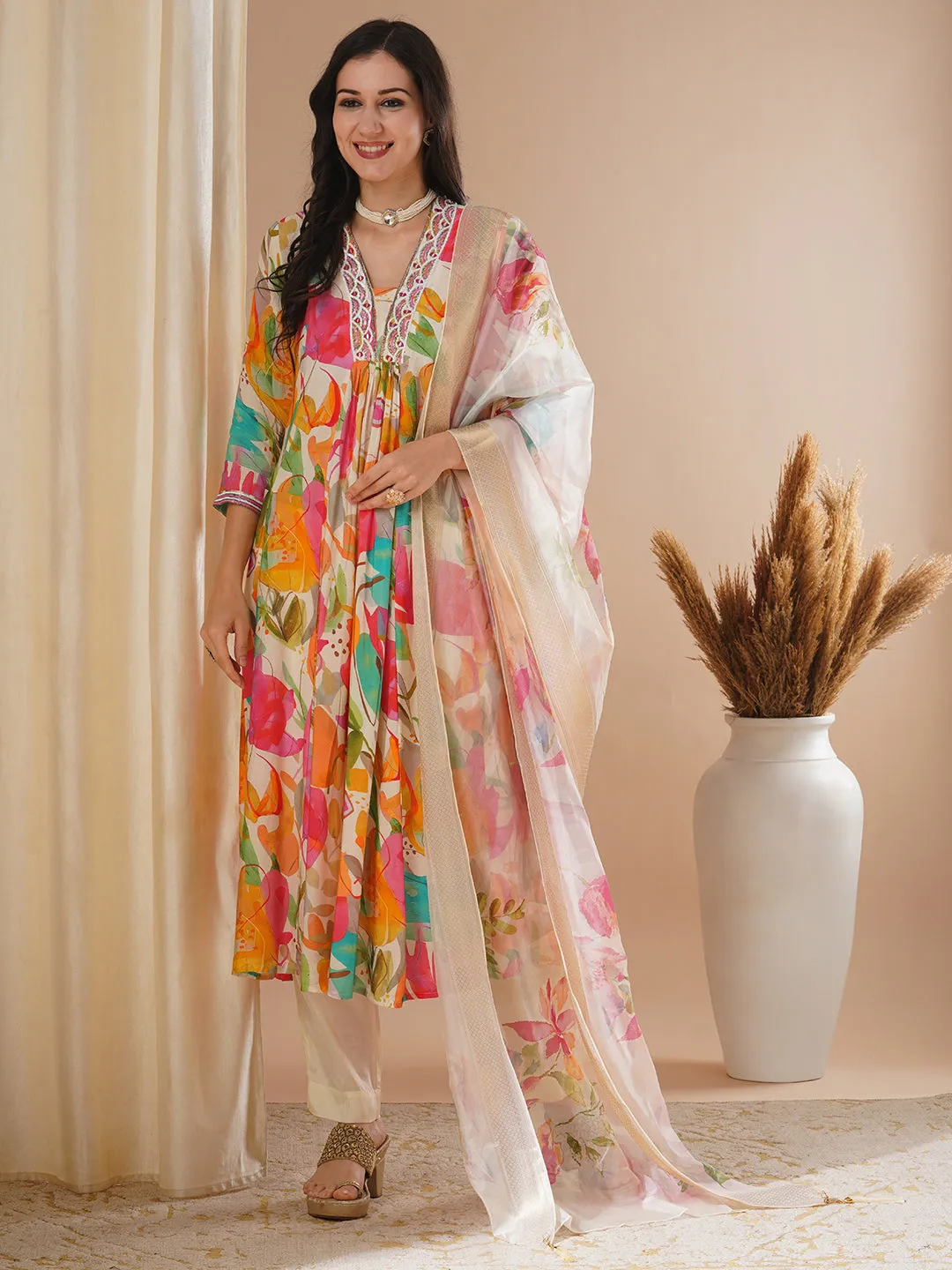 Abstract Floral Printed Embroidered A-Line Pleated Kurta with Pant and Dupatta - Multi