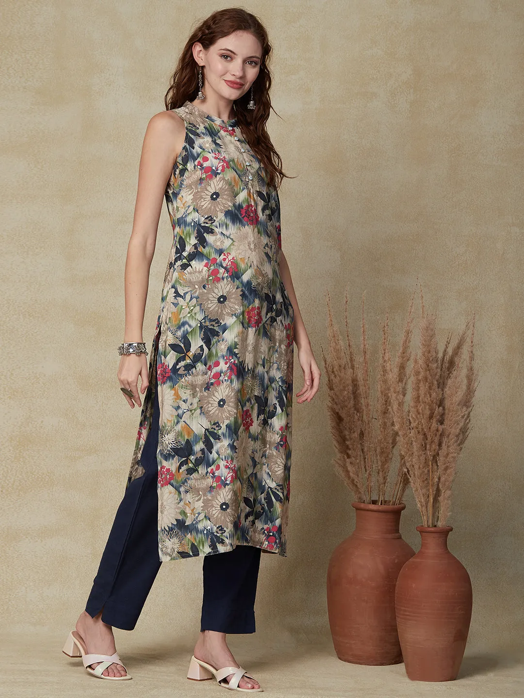 Abstract Floral Printed Straight Fit Kurta - Multi