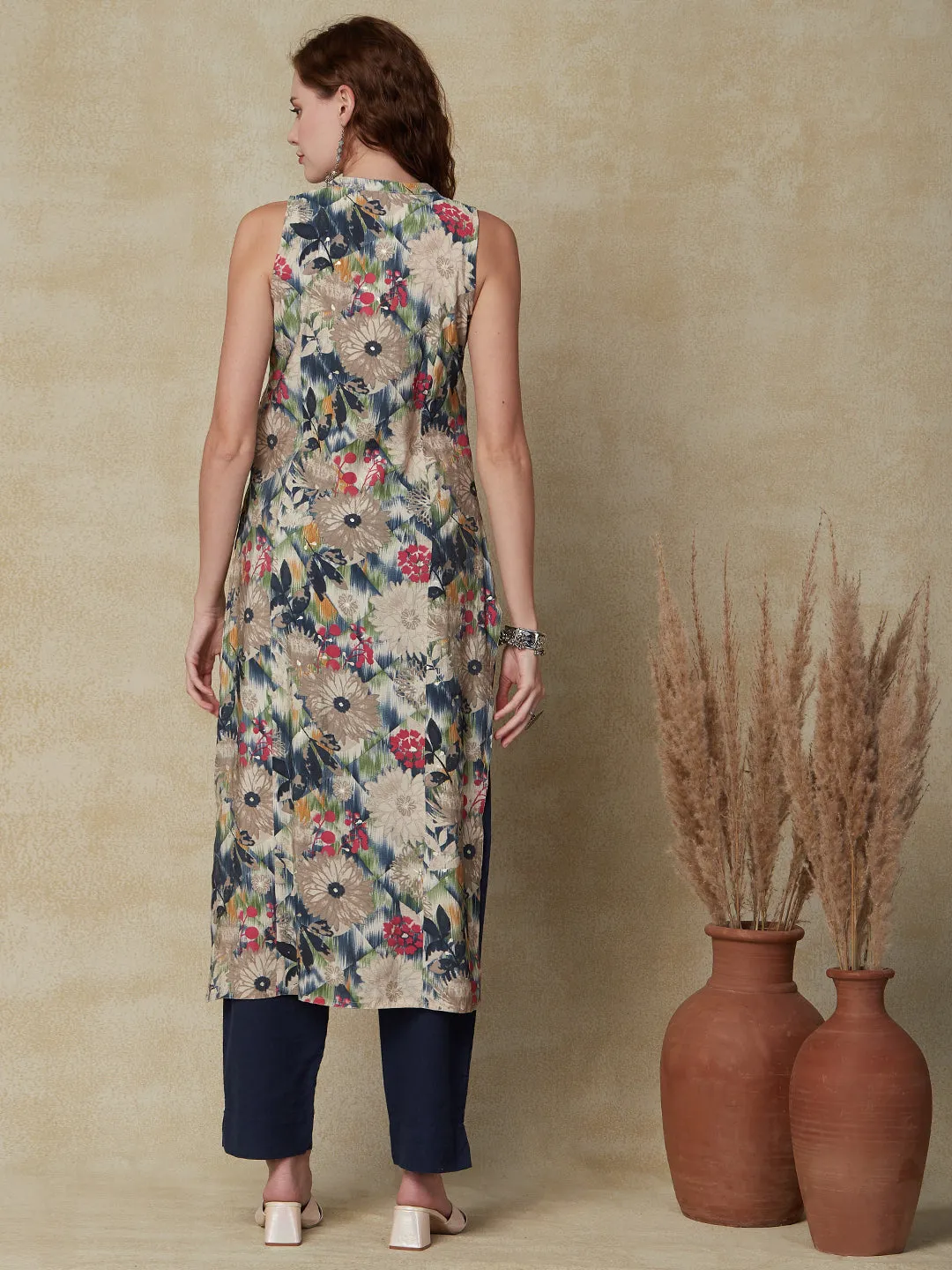 Abstract Floral Printed Straight Fit Kurta - Multi