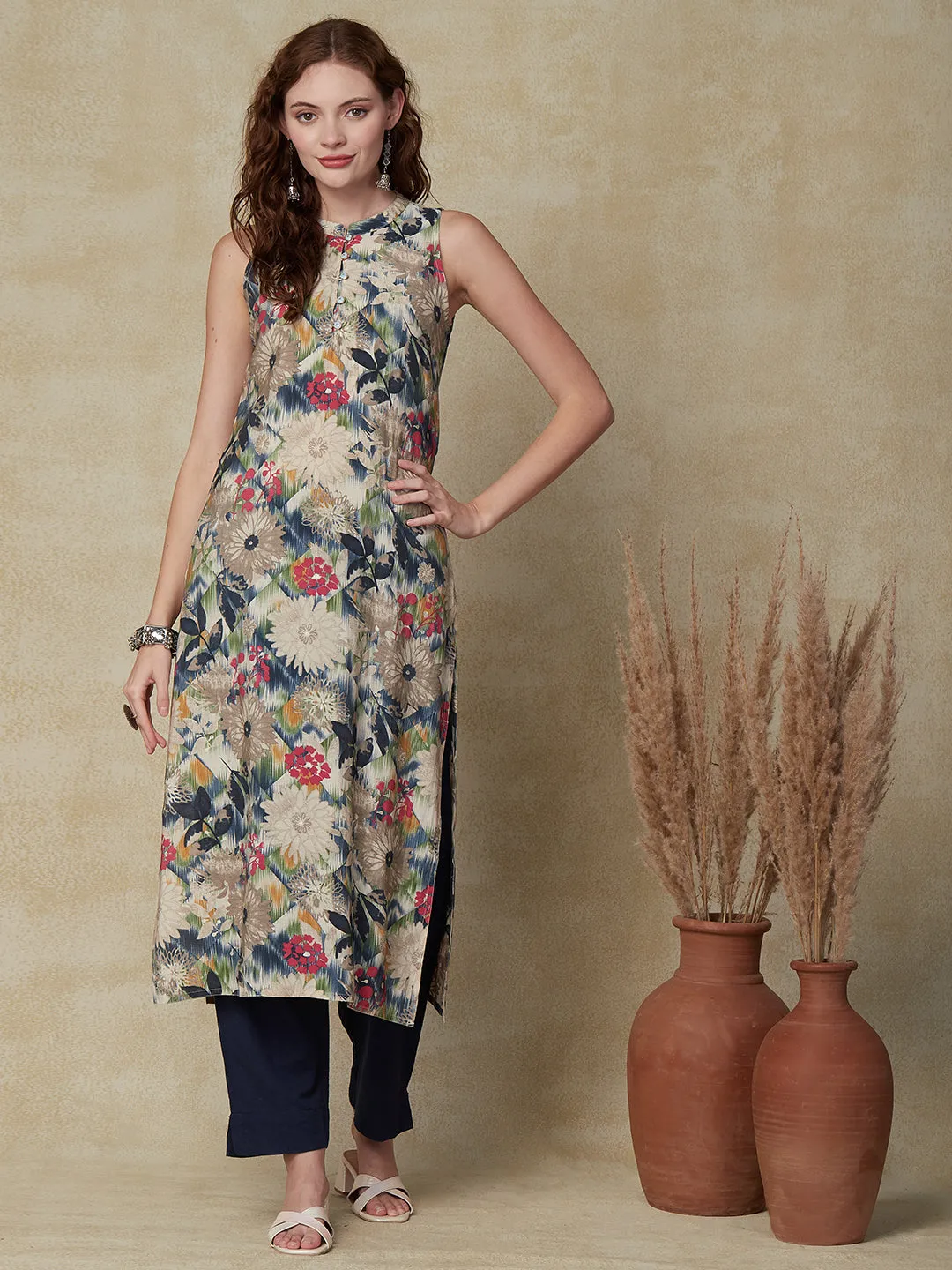 Abstract Floral Printed Straight Fit Kurta - Multi