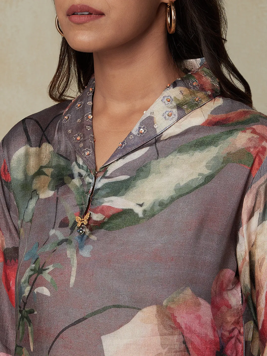 Abstract Floral Printed Straight Fit Kurta with Flared Palazzo - Grey