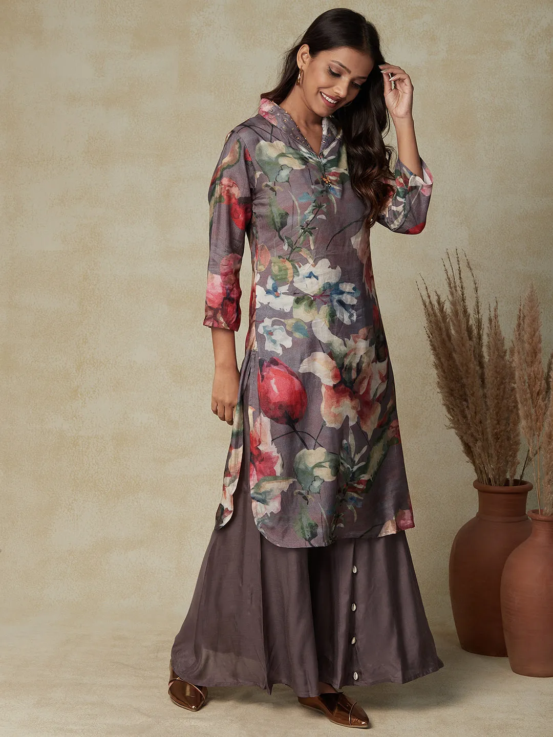 Abstract Floral Printed Straight Fit Kurta with Flared Palazzo - Grey