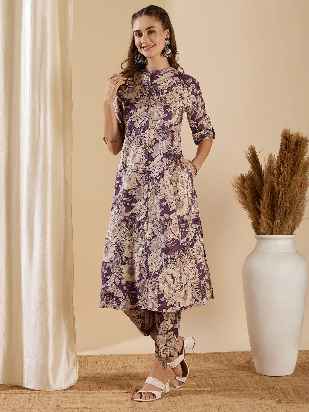 Abstract Floral Printed Straight Fit Kurta with Pant - Purple