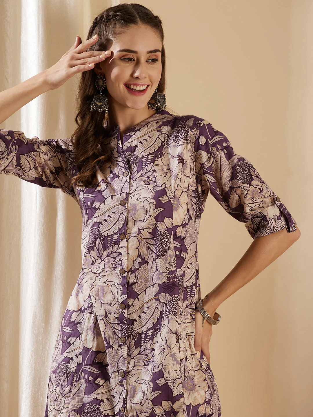 Abstract Floral Printed Straight Fit Kurta with Pant - Purple