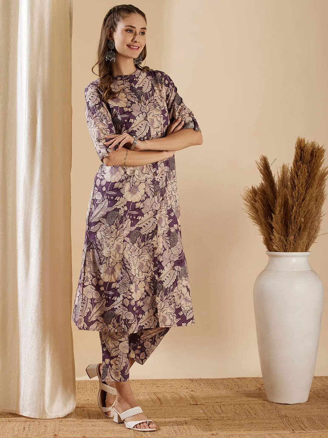 Abstract Floral Printed Straight Fit Kurta with Pant - Purple