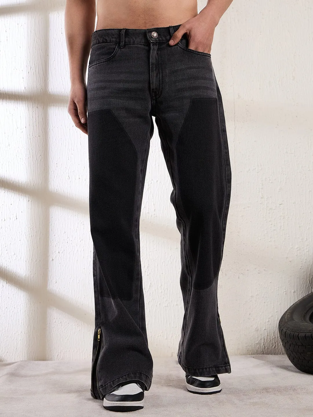 Black Contrast Patched Flared Zipped Denim