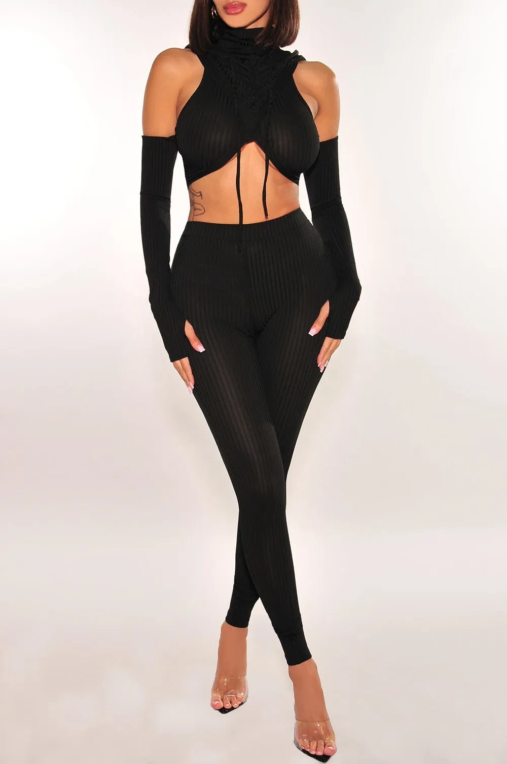 Black Ribbed Hoodie Off Shoulder Criss Cross High Waist Pants Two Piece Set