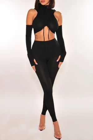 Black Ribbed Hoodie Off Shoulder Criss Cross High Waist Pants Two Piece Set