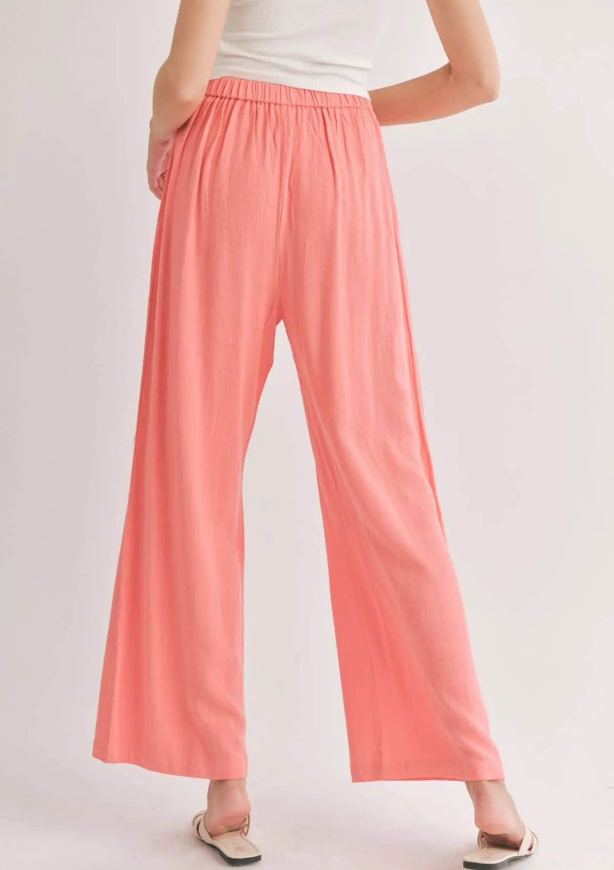 Botanical Linen Back Elastic Trousers - Coral