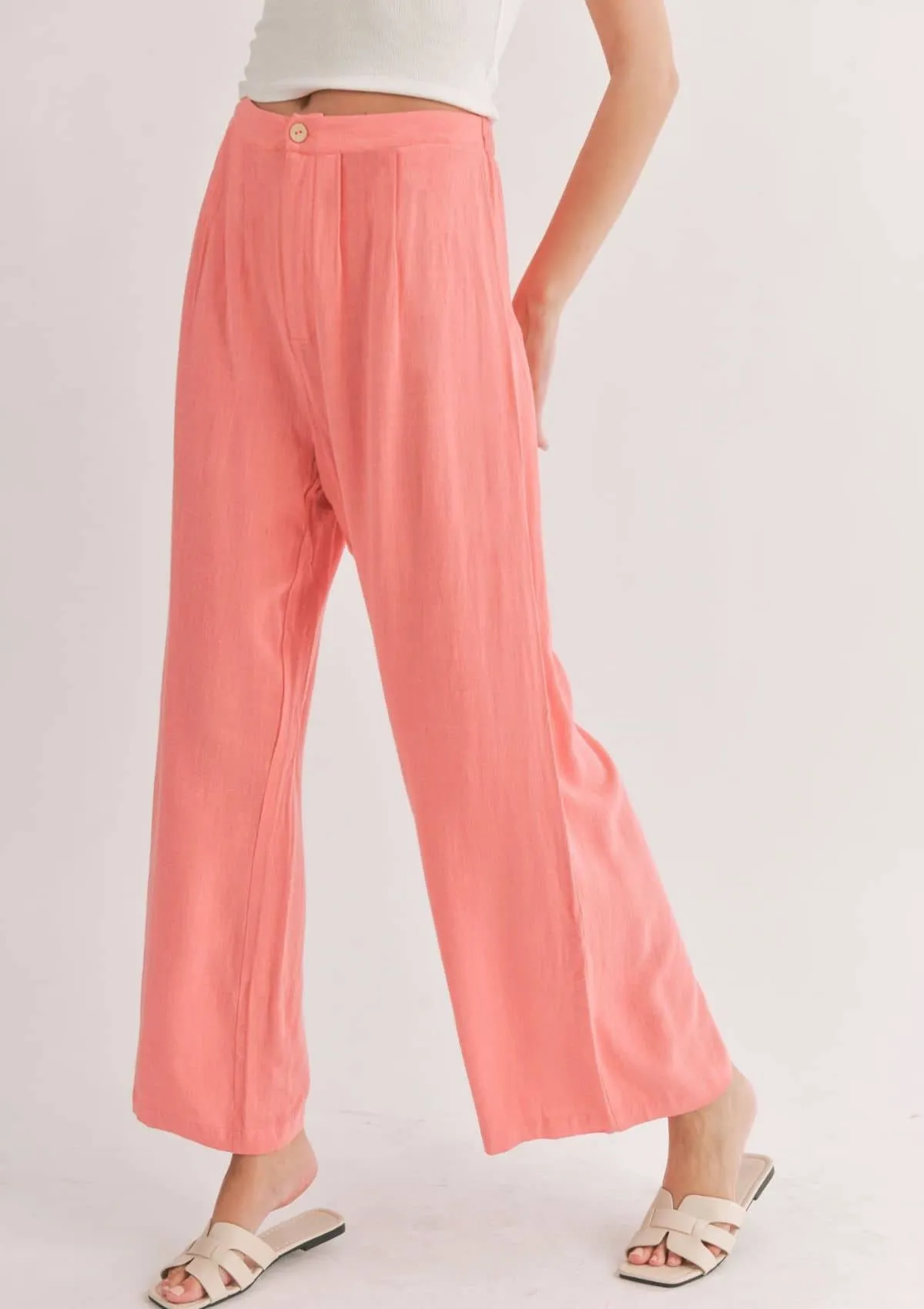 Botanical Linen Back Elastic Trousers - Coral