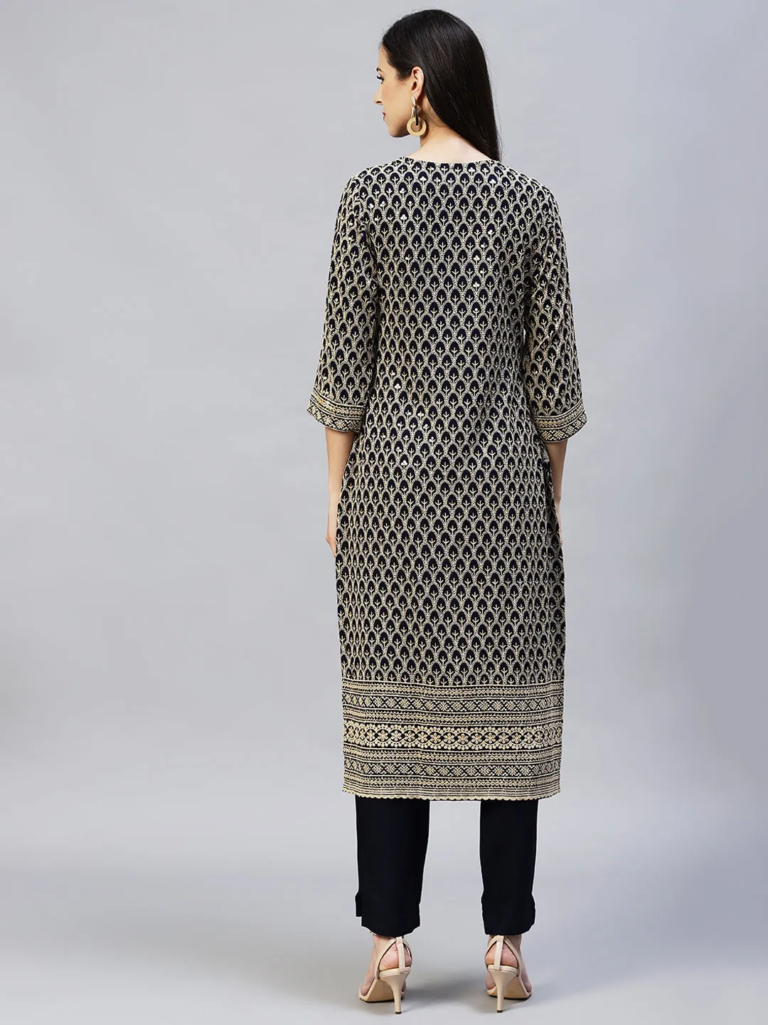 Chikankari Embroidered Straight Kurta with Pants - Navy Blue