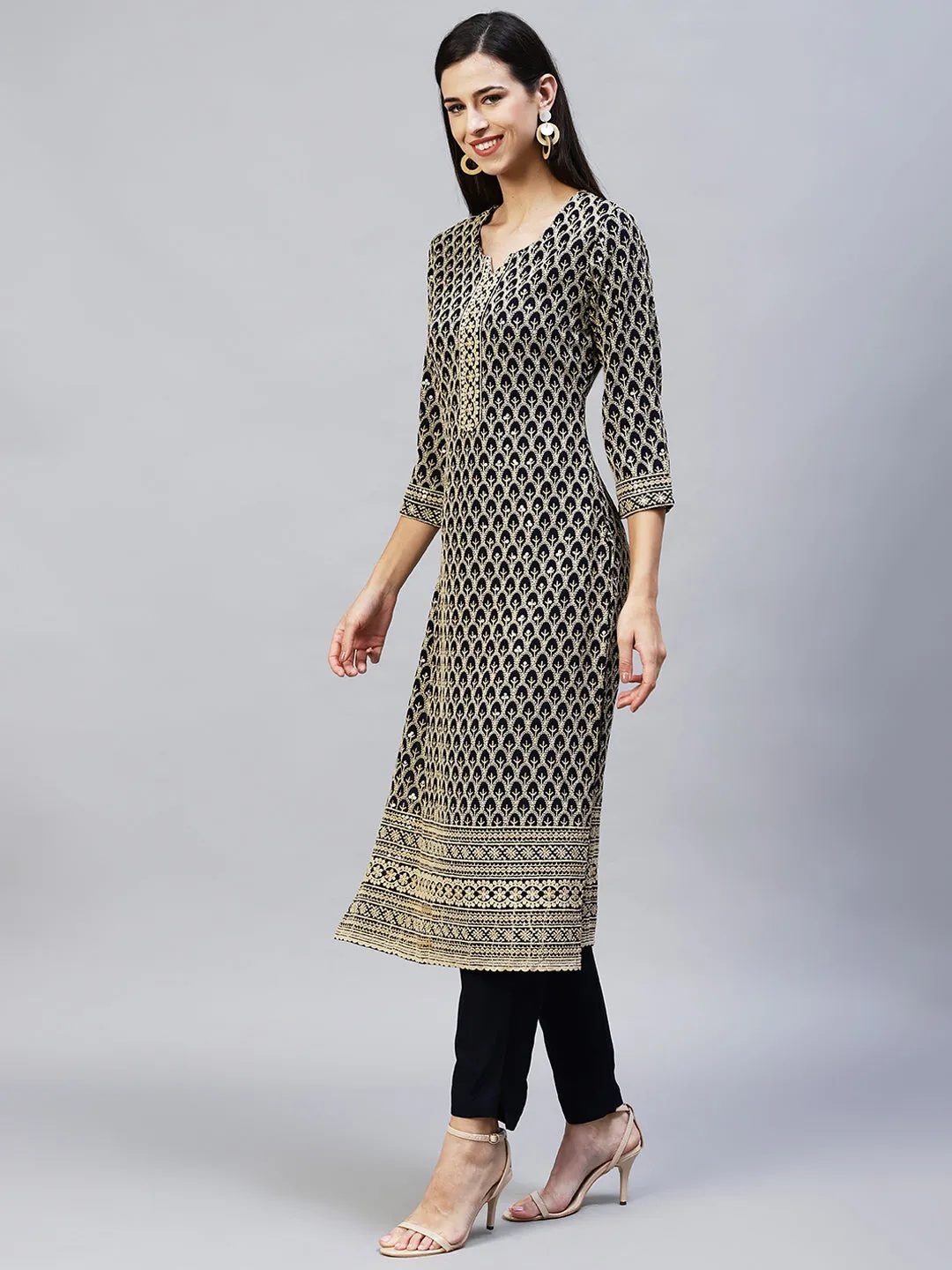 Chikankari Embroidered Straight Kurta with Pants - Navy Blue