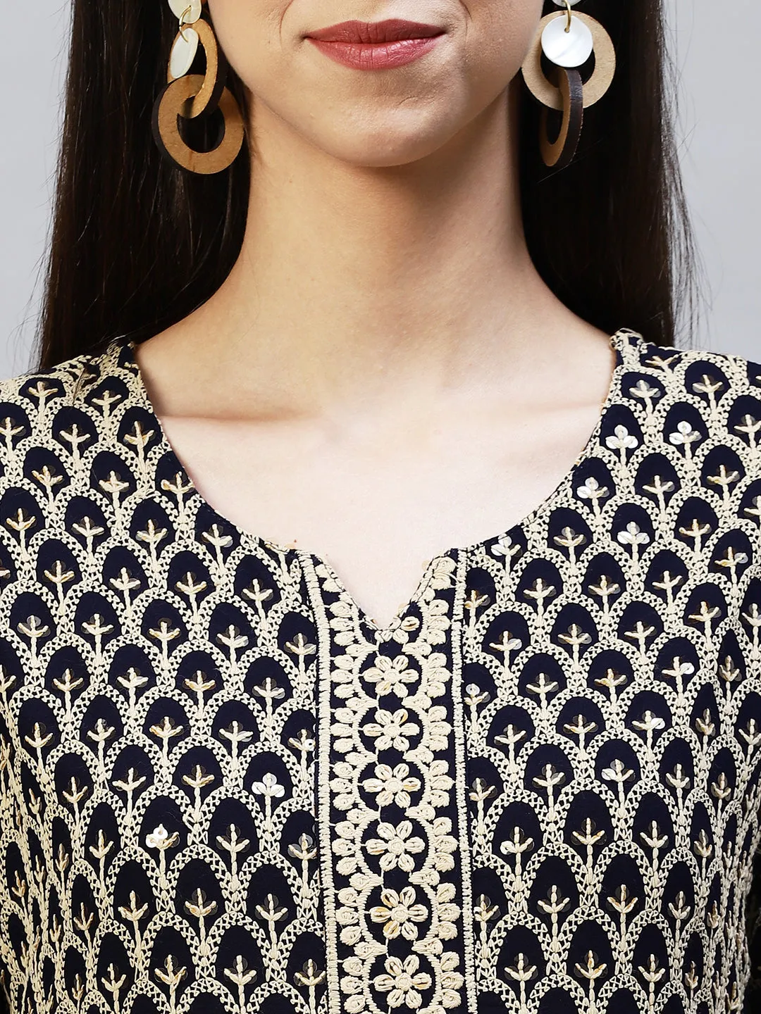 Chikankari Embroidered Straight Kurta with Pants - Navy Blue