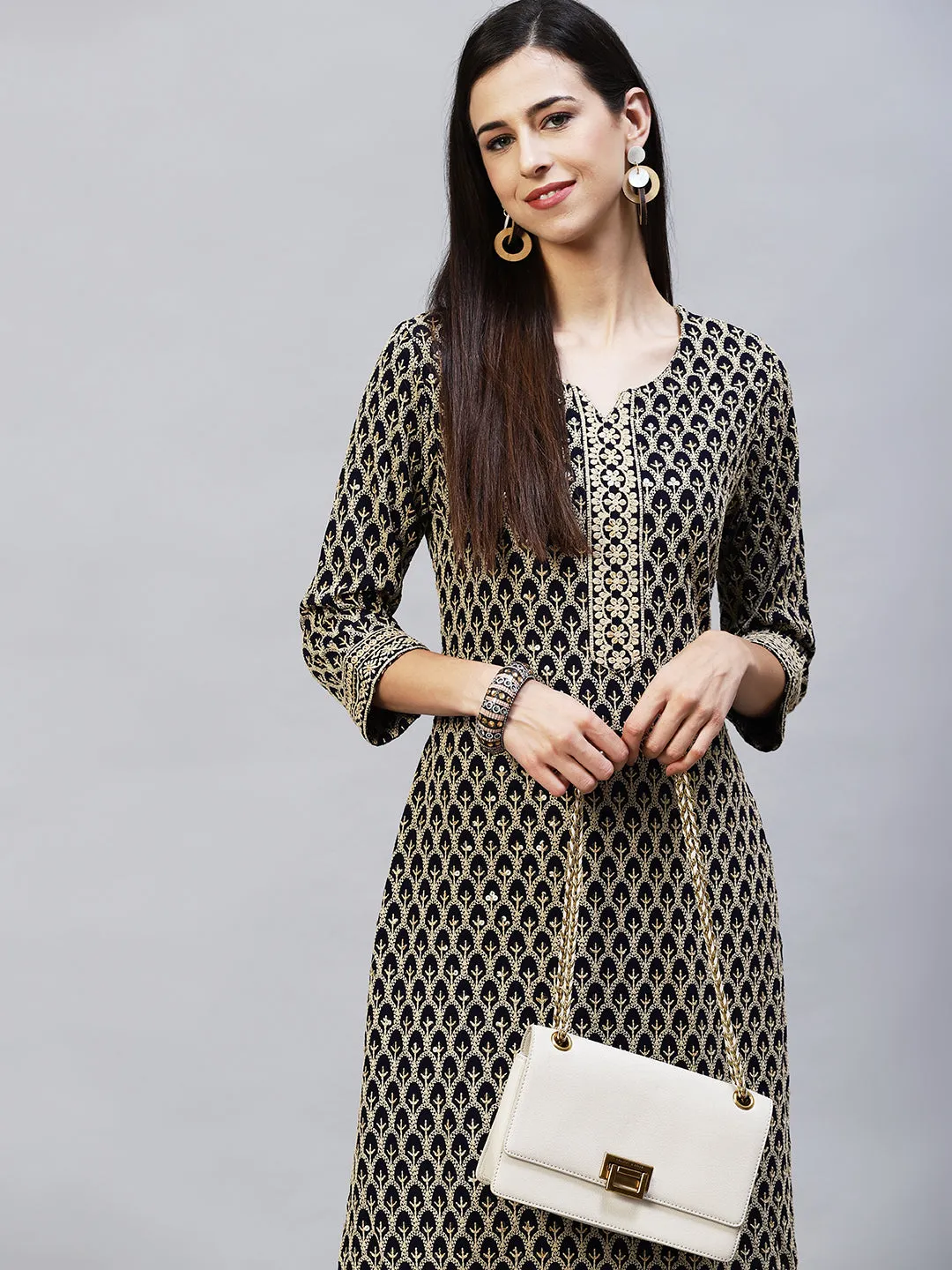 Chikankari Embroidered Straight Kurta with Pants - Navy Blue