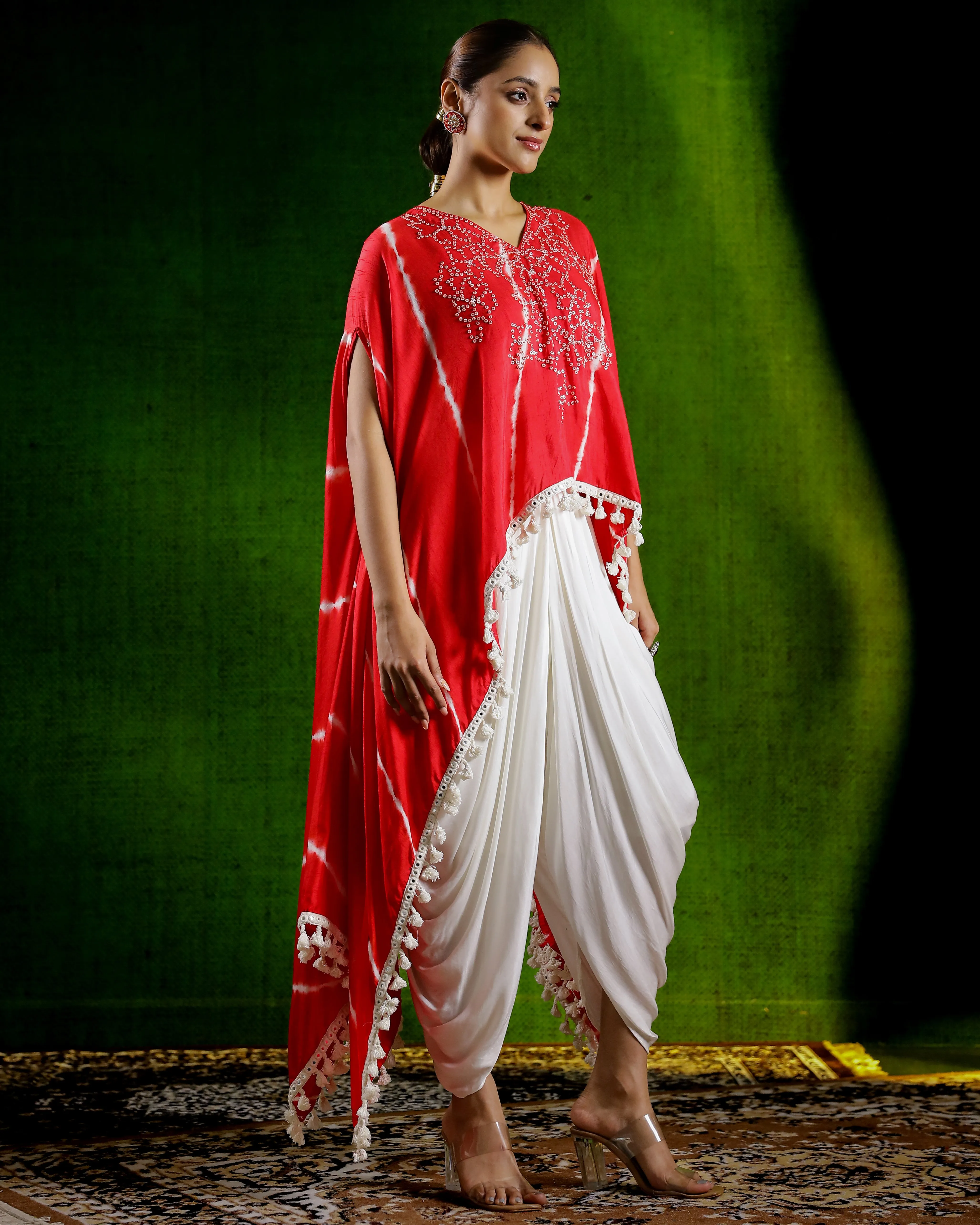 Classic Red Leheriya Printed Raw Silk Kaftan Set.