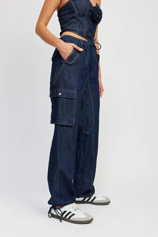 Contrast stitching denim cargo pants