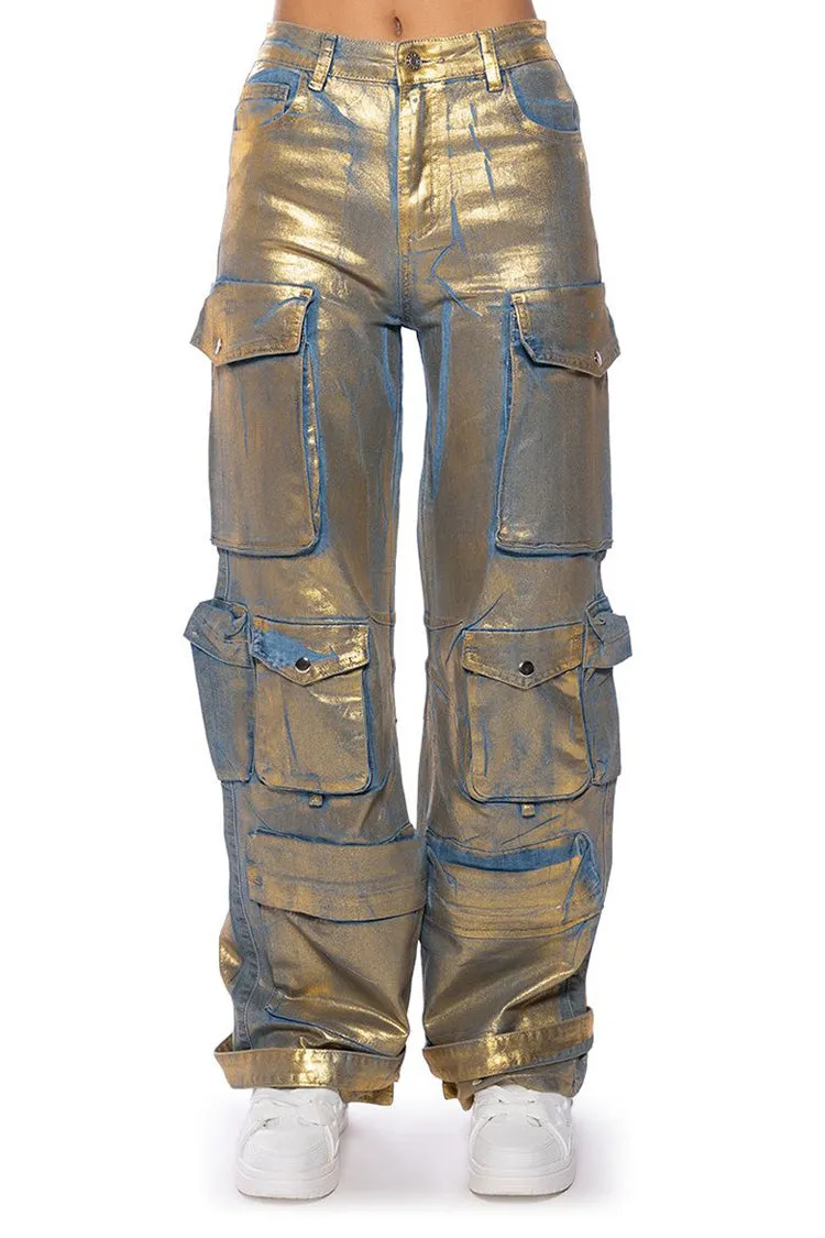 Distinctive Gold Foil High Waist Wide Leg Cargo Pocket Full Length Jeans