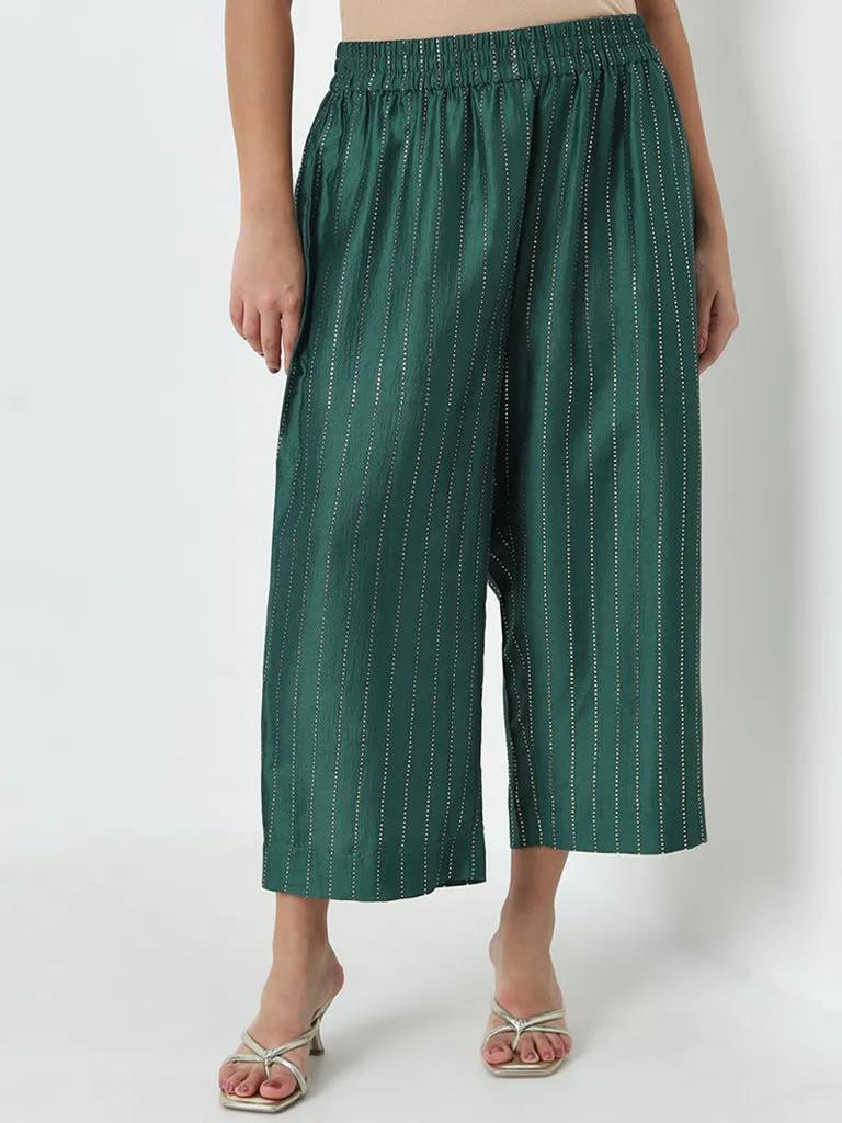 Diza Dark Green Striped Printed High-Rise Ethnic Pants